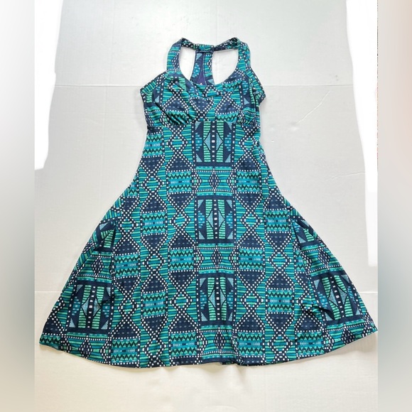 Prana Racerback Shelf Bra Tank Dress Blue Green Geometric size XS - Picture 1 of 8